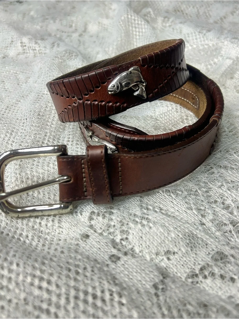 Brighton men's brown leather belt with silver fish accents